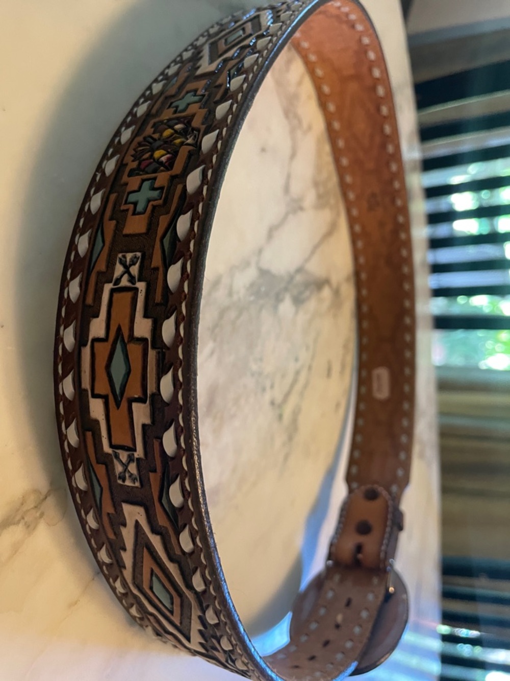 Vintage Tony Lama Rare Men's Western Belt Intricate Tooled Pattern Buckle - Picture 14 of 16